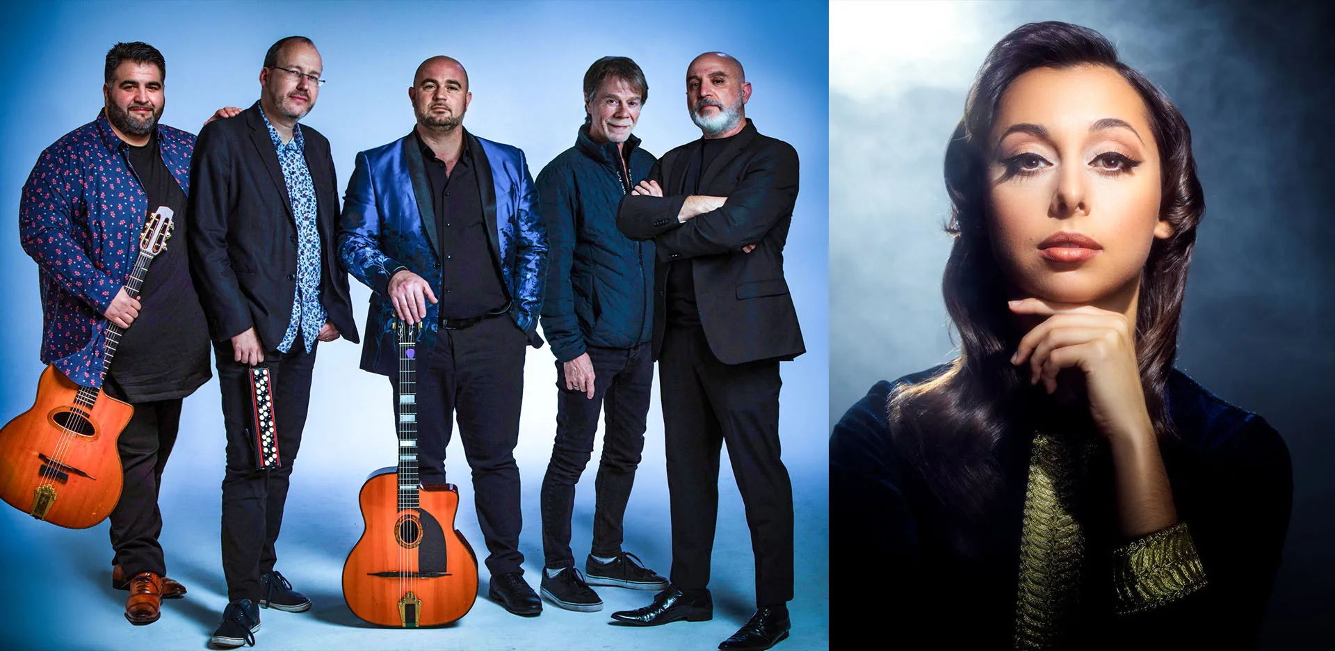 Five men with guitars stand together on the left, dressed smartly against a blue background. On the right, a woman with long dark hair poses thoughtfully with her hand under her chin, in dramatic lighting.