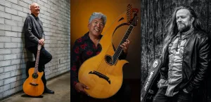 Three men pose with guitars: the first stands against a brick wall, the second sits holding a unique multi-neck guitar, and the third stands outdoors in leather jacket with a guitar case, shown in black and white.