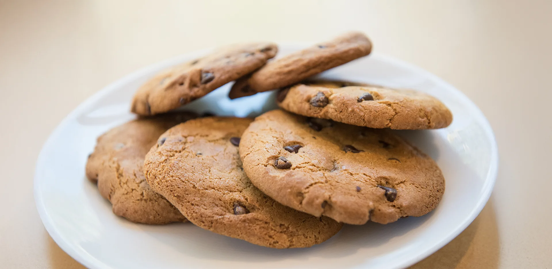 A white plate holds a pile of chocolate chip cookies, overlapping each other on a light-colored surface. The cookies are golden brown with visible chocolate chips.