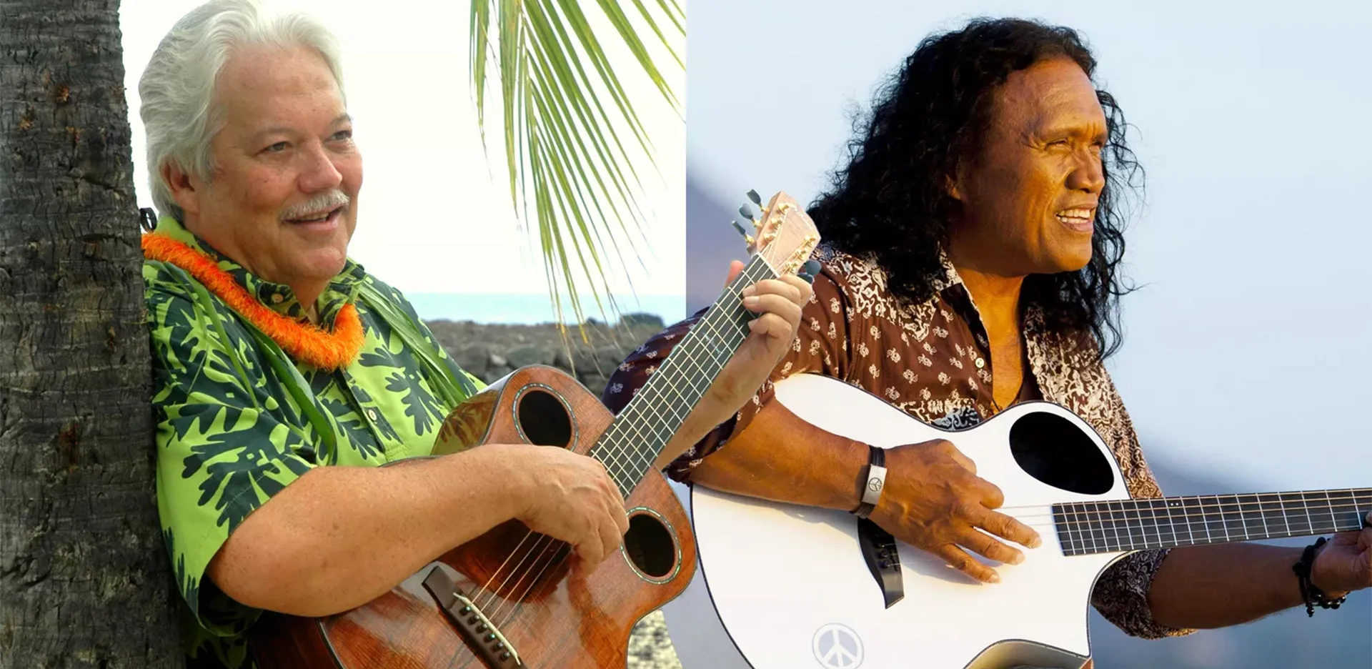 Two men playing guitars: the man on the left has gray hair, wears a green Hawaiian shirt and orange lei, leaning against a palm tree; the man on the right has long dark hair and wears a brown patterned shirt, playing a white guitar.